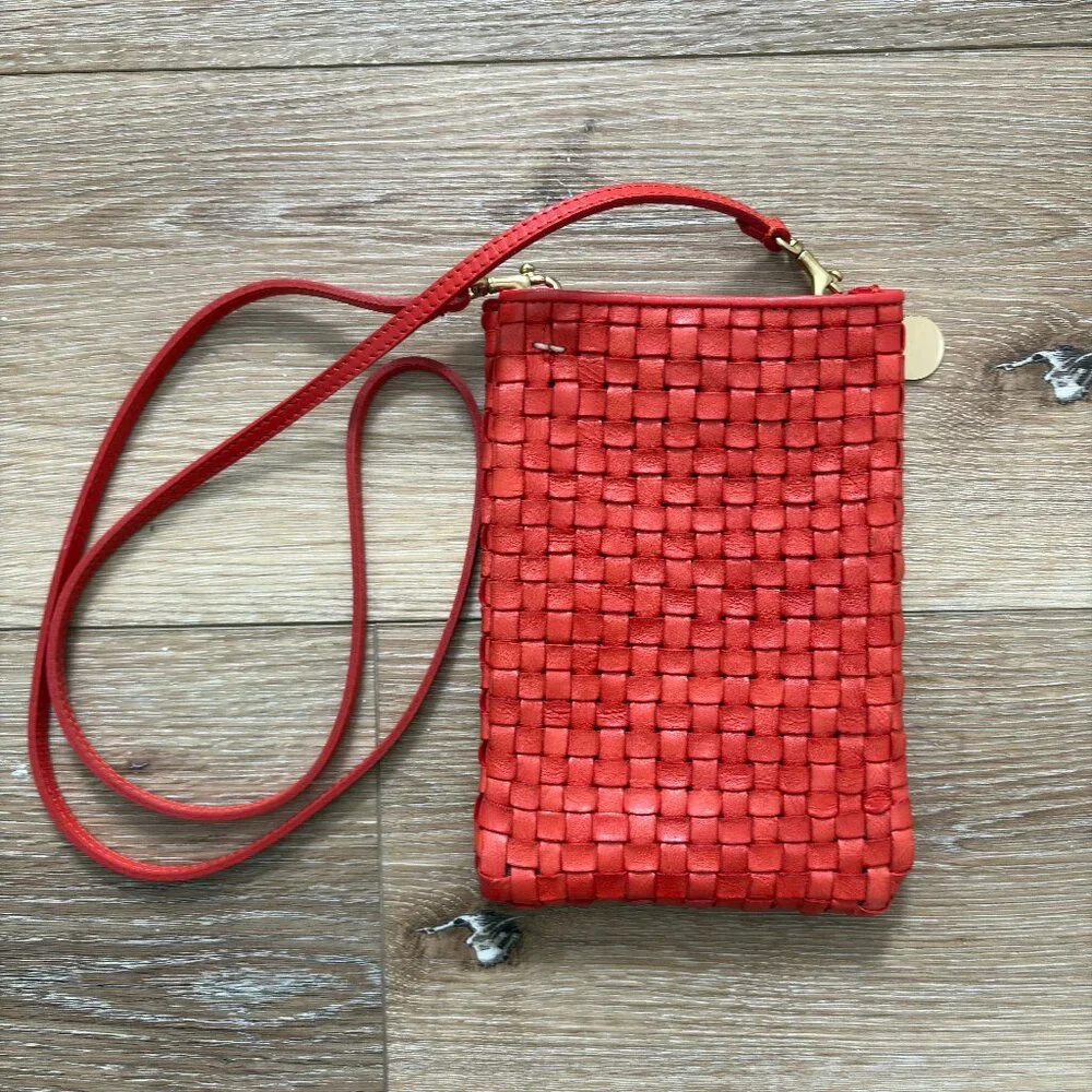 Clare V. Poche Crossbody Bag Bright Poppy Red Woven Leather Phone Pouch - Picture 1 of 4